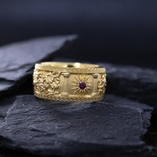 10mm Custom Made, Dome Shaped, 14k Solid Yellow Gold Ring with Alexander the Great Sarcophagus Relief with Red Ruby