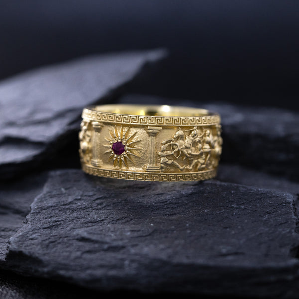 10mm Custom Made, Dome Shaped, 14k Solid Yellow Gold Ring with Alexander the Great Sarcophagus Relief with Red Ruby