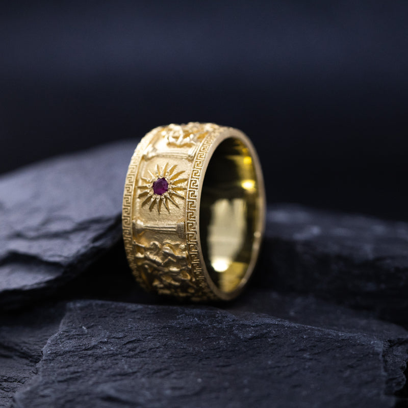 10mm Custom Made, Dome Shaped, 14k Solid Yellow Gold Ring with Alexander the Great Sarcophagus Relief with Red Ruby