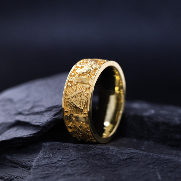 8mm Custom Made, Dome Shaped, Solid Yellow Gold Ring with Masonic Symbols