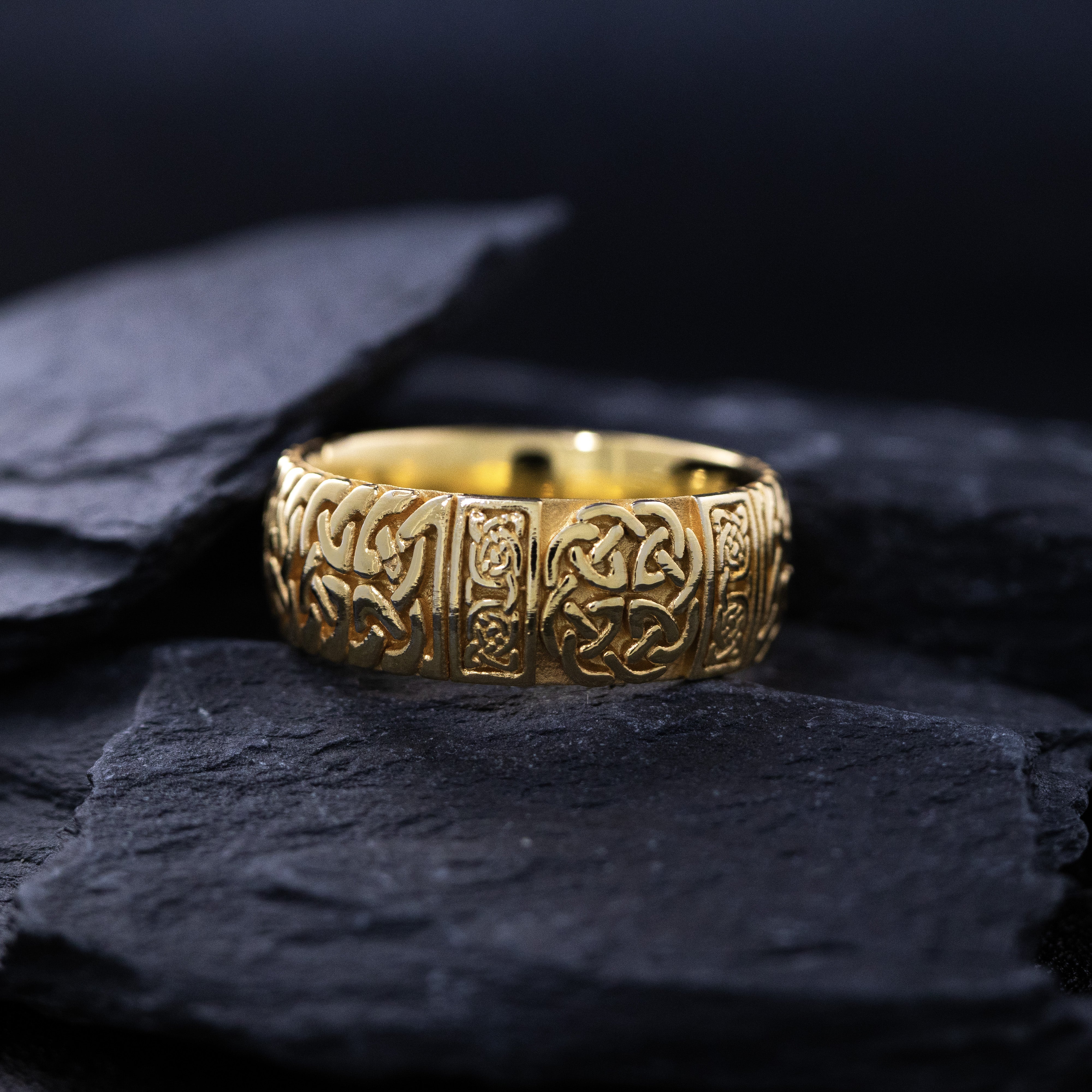 9mm Custom Made, Dome Shaped, Solid Gold Ring with Celtic Knot Engraving