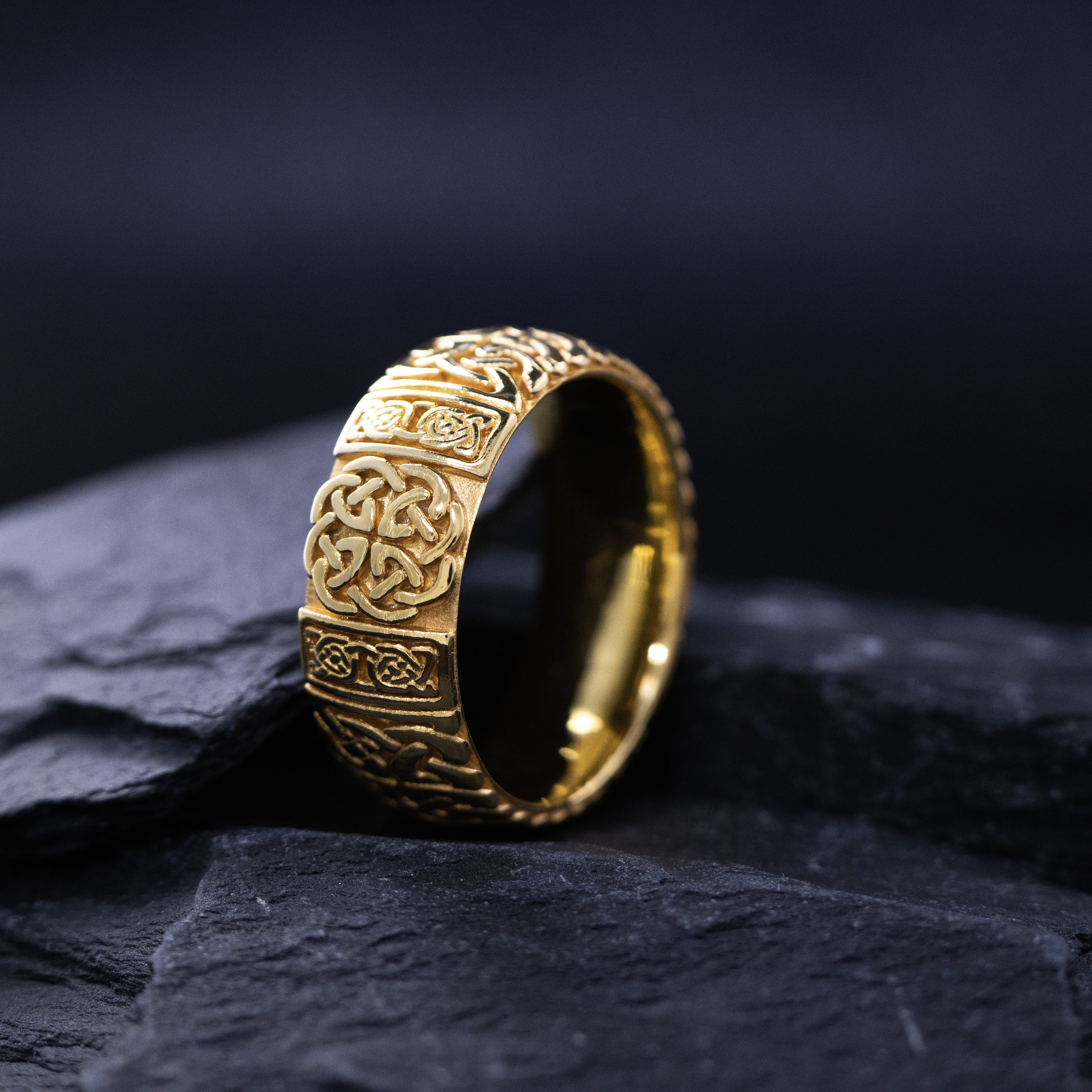 9mm Custom Made, Dome Shaped, Solid Gold Ring with Celtic Knot Engraving