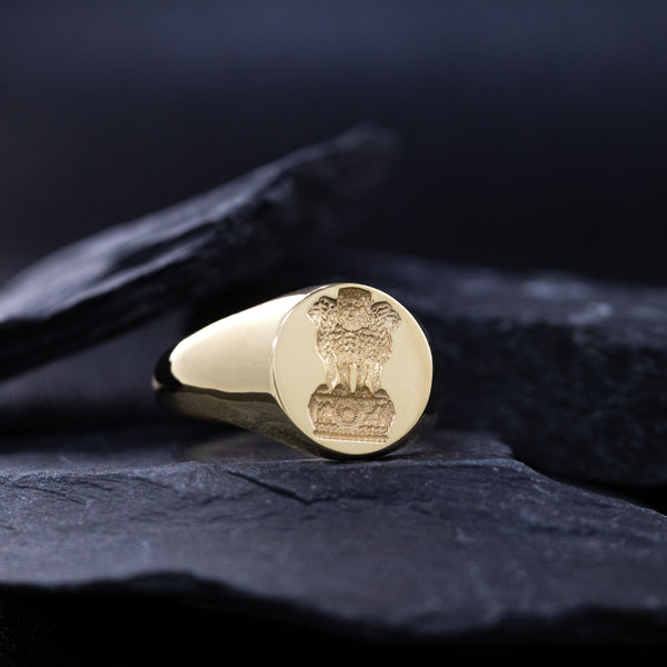 Indian Lion of Ashoka Wax Seal Signet Ring, 14k Solid Yellow Gold Ring with Lion of Ashoka