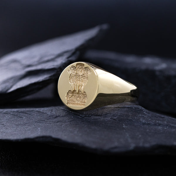 Indian Lion of Ashoka Wax Seal Signet Ring, 14k Solid Yellow Gold Ring with Lion of Ashoka