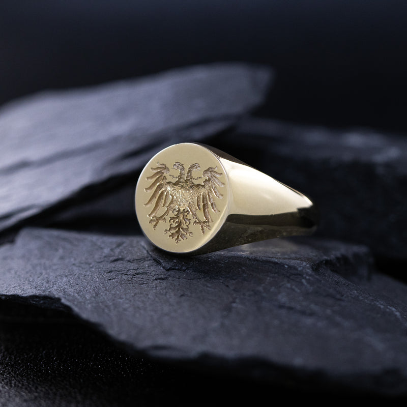 Holy Roman Empire Wax Seal Signet Ring, 14k Solid Yellow Gold Ring with Double Headed Eagle