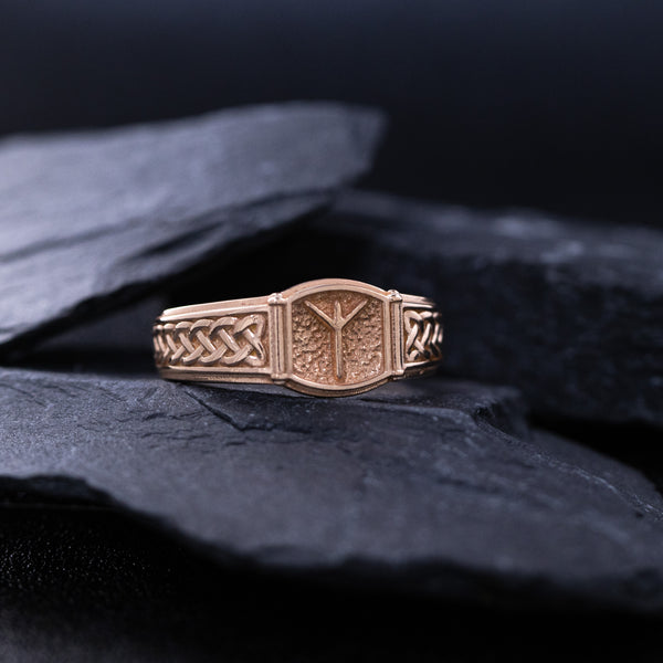 Norse Algiz Rune with Braids, 14k Solid Rose Gold Signet Ring