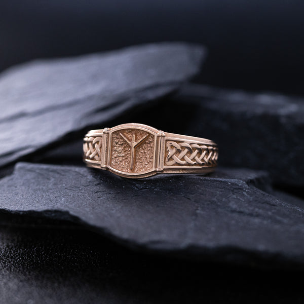 Norse Algiz Rune with Braids, 14k Solid Rose Gold Signet Ring