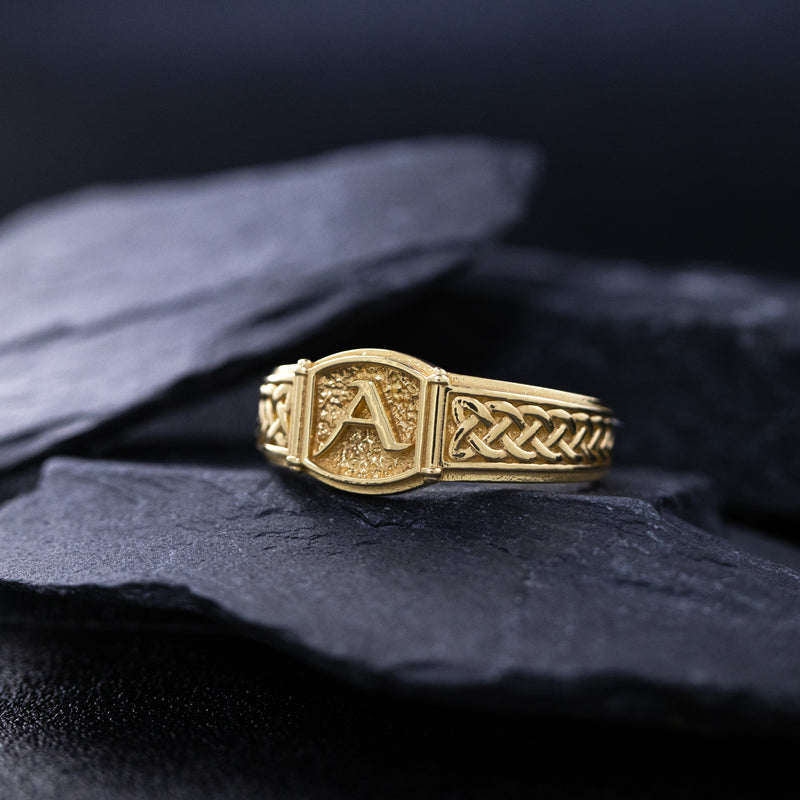 Norse Style Initial, 14k Solid Yellow Gold Signet Ring