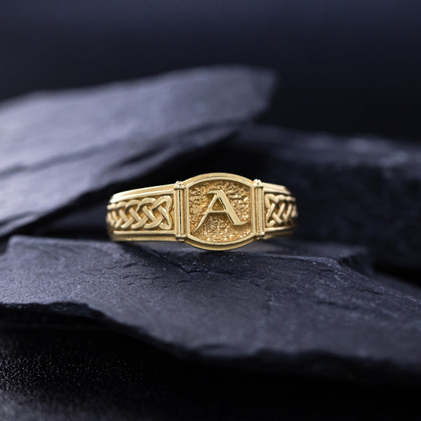 Norse Style Initial, 14k Solid Yellow Gold Signet Ring