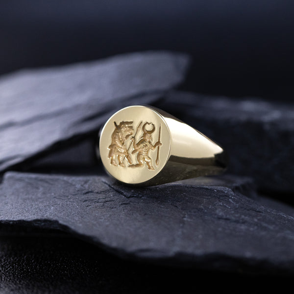 Viking Torslunda Berserker Wax Seal Signet Ring, 14k Solid Yellow Gold Ring