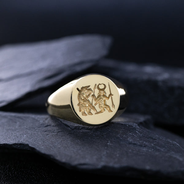 Viking Torslunda Berserker Wax Seal Signet Ring, 14k Solid Yellow Gold Ring