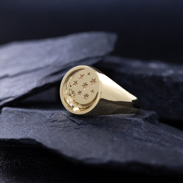 Moon Face and Stars Wax Seal Signet Ring, 14k Solid Yellow Gold Ring