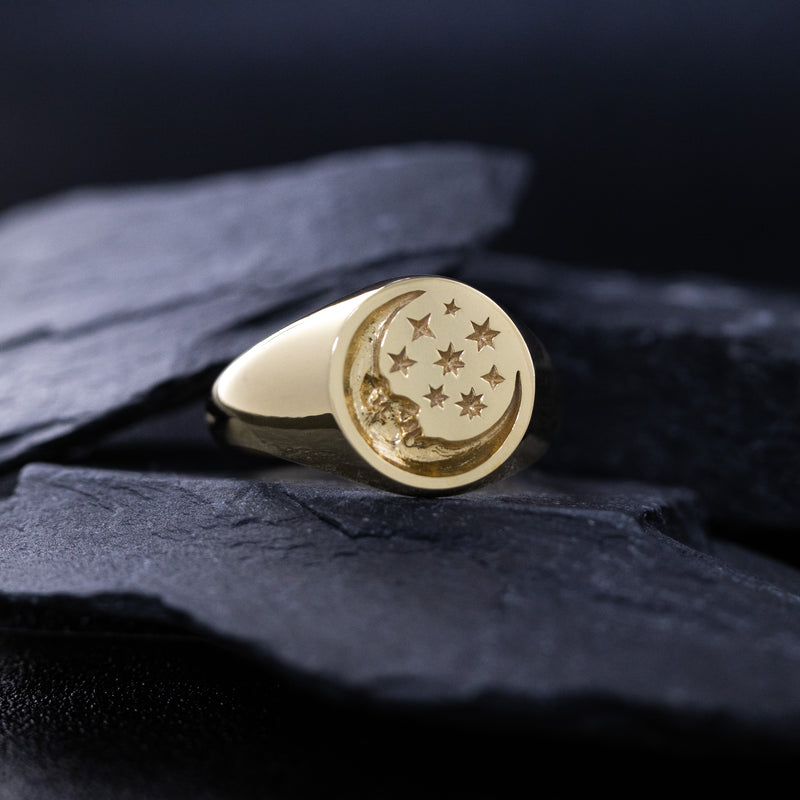 Moon Face and Stars Wax Seal Signet Ring, 14k Solid Yellow Gold Ring