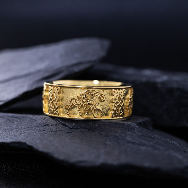 8mm Custom Made, Solid Yellow Gold Ring with Celtic Knot and Horse Engraving