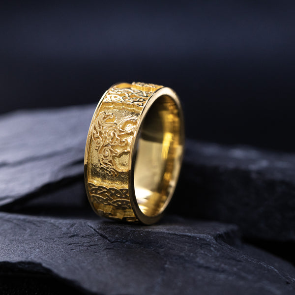 8mm Custom Made, Solid Yellow Gold Ring with Celtic Knot and Horse Engraving