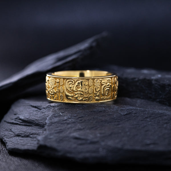 8mm Custom Made, Solid Yellow Gold Ring with Mayan Inspired Symbols