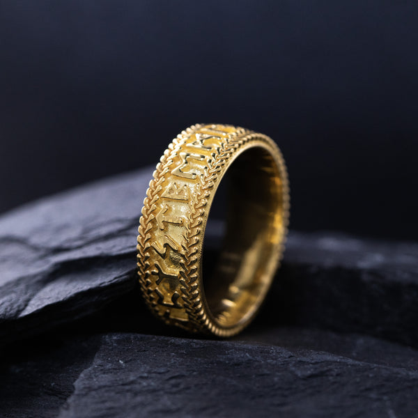 8mm Custom Made, Dome Shaped, Solid Yellow Gold Ring with Personalized Message in Runes