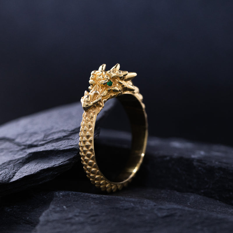 Ouroboros Dragon, Emerald Gemstones, 14k Solid Yellow Gold Ring