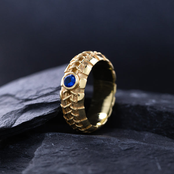 8mm Custom Made, Dome Shaped Solid Yellow Gold Ring with Blue Sapphire and Braids