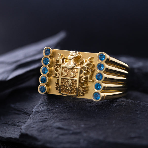 Yellow Gold Family Crest Signet Ring with Topaz Gemstones