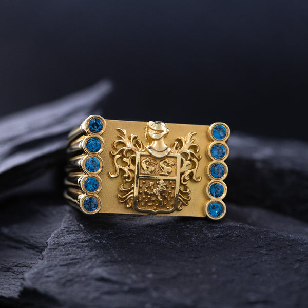 Yellow Gold Family Crest Signet Ring with Topaz Gemstones