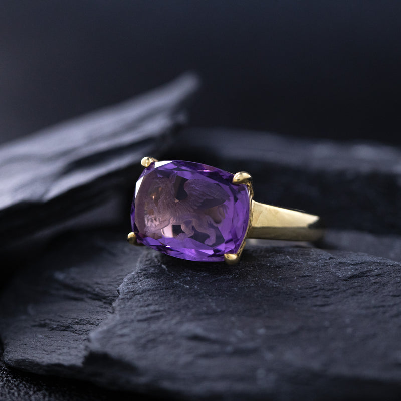 Hand Carved Amethyst Intaglio Ring Depicting Griffin