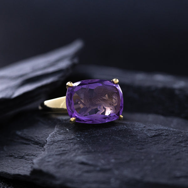 Hand Carved Amethyst Intaglio Ring Depicting Griffin