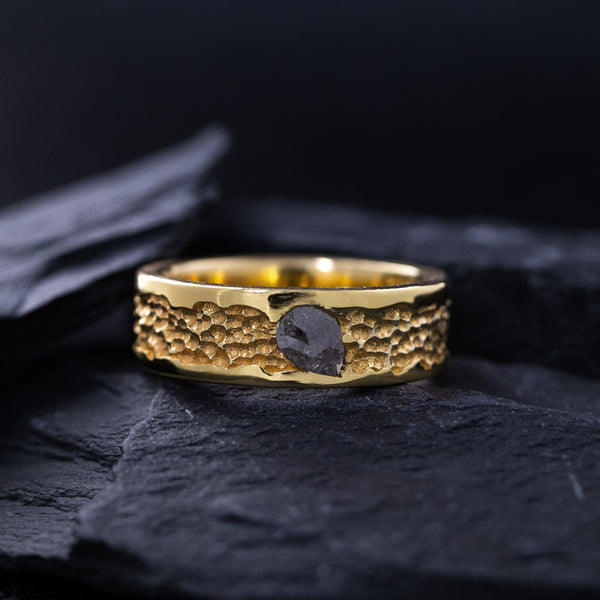 8mm Custom Made, Solid Gold Ring with Hammered Center and Rough Cut Salt and Pepper Diamond