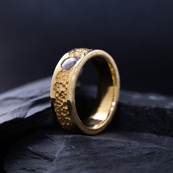 8mm Custom Made, Solid Gold Ring with Hammered Center and Rough Cut Salt and Pepper Diamond