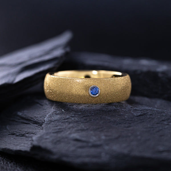 7mm, Custom Made, Dome Shaped Solid Yellow Gold Ring with Round Cut Aquamarine