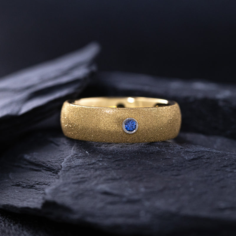 7mm, Custom Made, Dome Shaped Solid Yellow Gold Ring with Round Cut Aquamarine