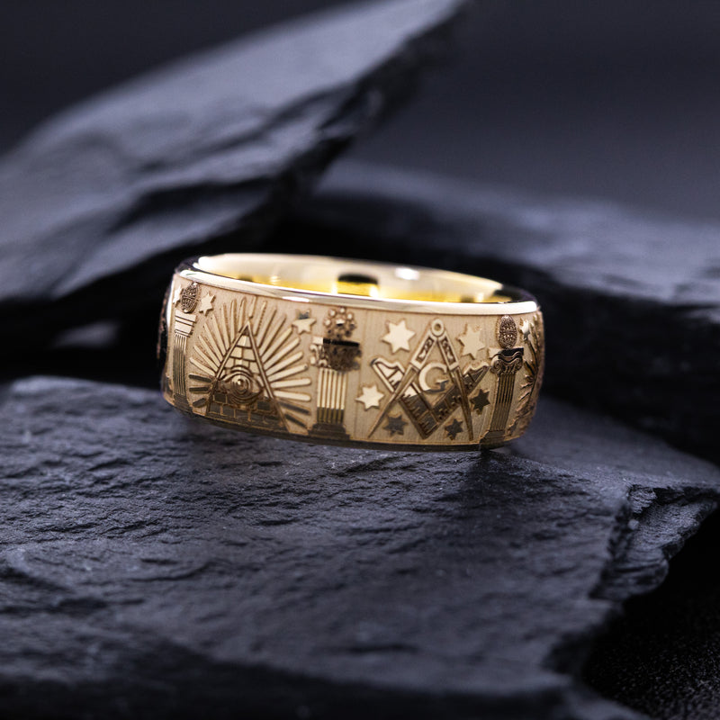 8.5mm Custom Engraved Solid 14k Gold Masonic Band