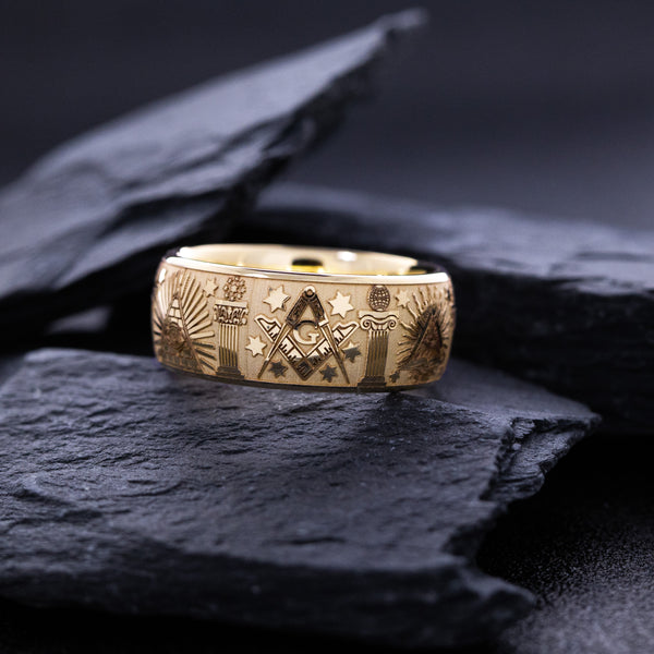 8.5mm Custom Engraved Solid 14k Gold Masonic Band