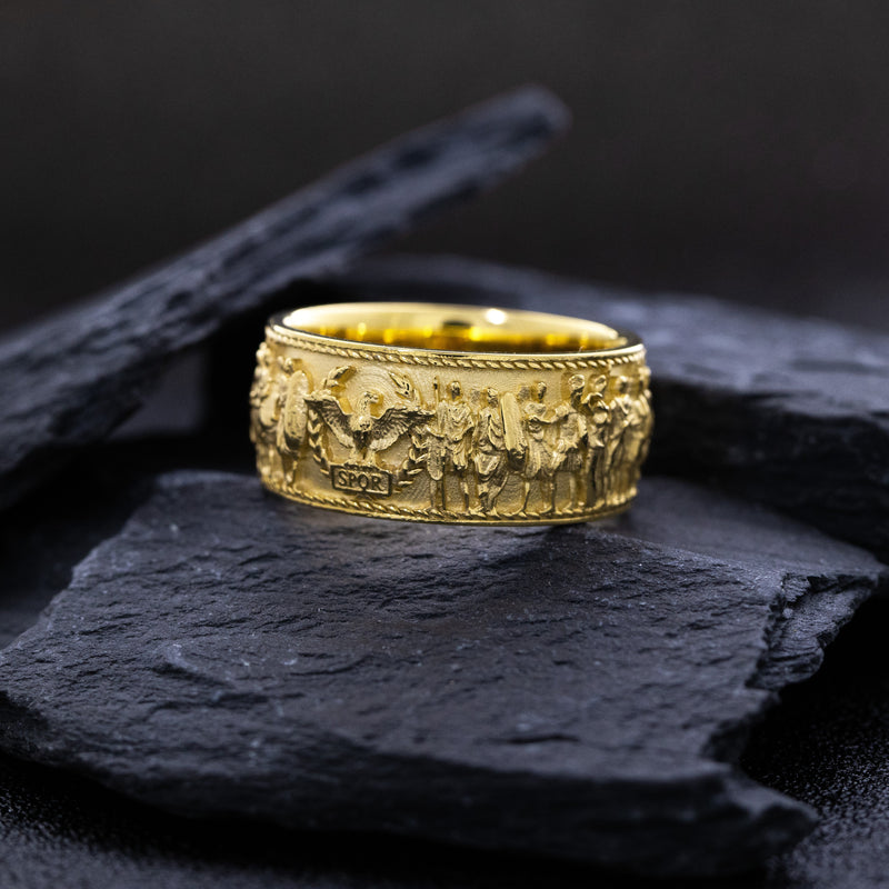 Solid 14k and 18k Yellow Gold Ring with Roman Emperor Caracalla's Relief and Capitoline Wolf