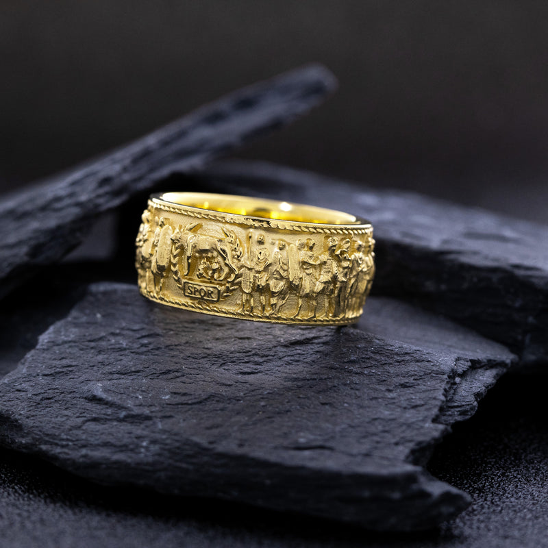 Solid 14k and 18k Yellow Gold Ring with Roman Emperor Caracalla's Relief and Capitoline Wolf