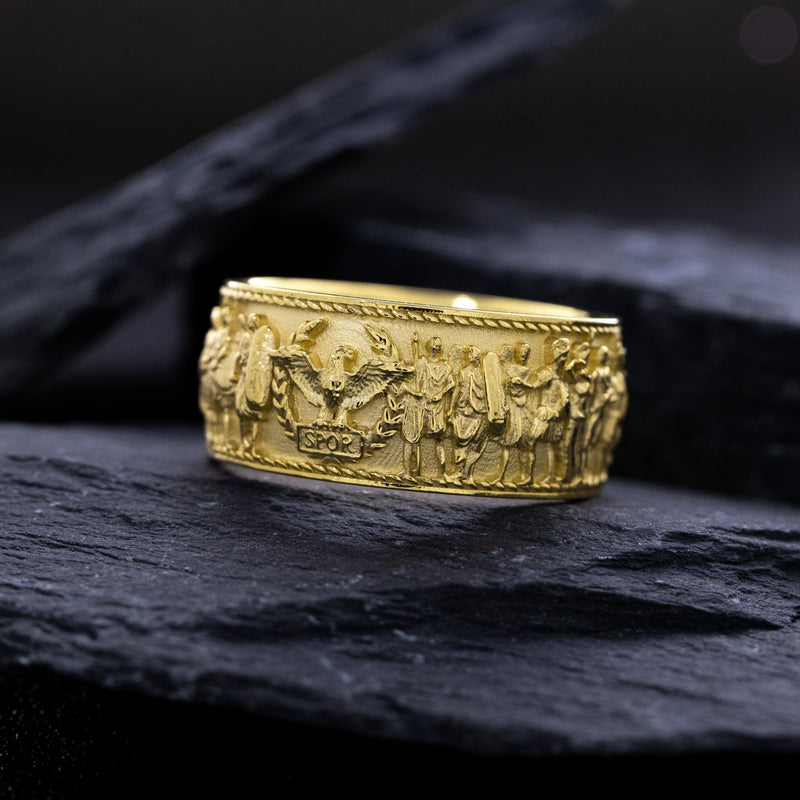 Solid 14k and 18k Yellow Gold Ring with Roman Emperor Caracalla's Relief and Capitoline Wolf