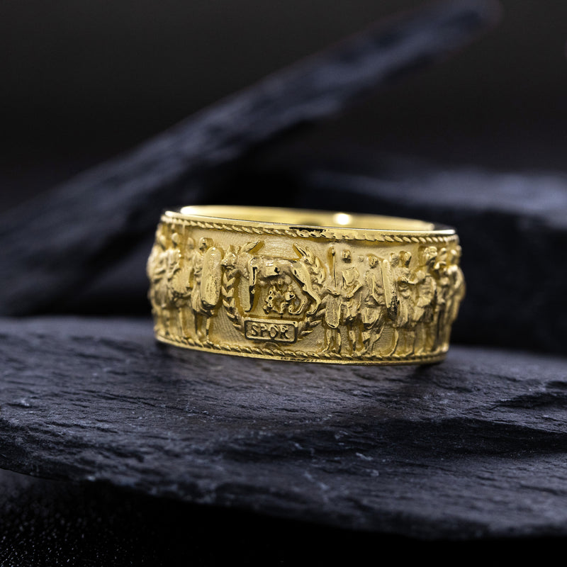 Solid 14k and 18k Yellow Gold Ring with Roman Emperor Caracalla's Relief and Capitoline Wolf