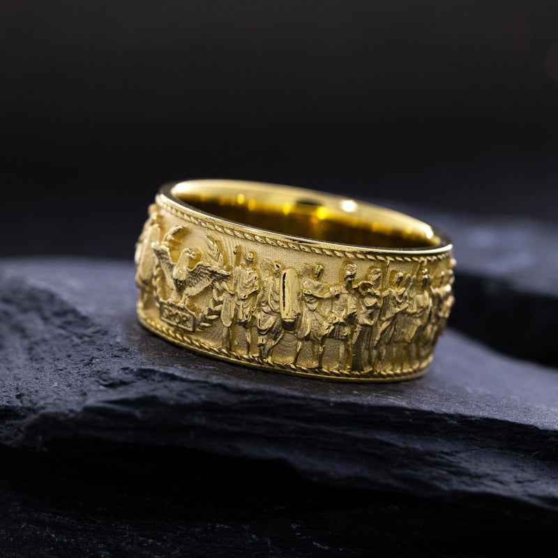 Solid 14k and 18k Yellow Gold Ring with Roman Emperor Caracalla's Relief and Capitoline Wolf