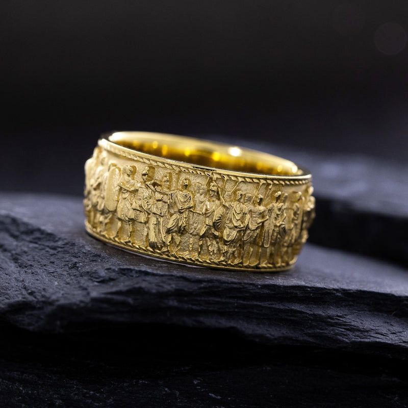 Solid 14k and 18k Yellow Gold Ring with Roman Emperor Caracalla's Relief and Capitoline Wolf