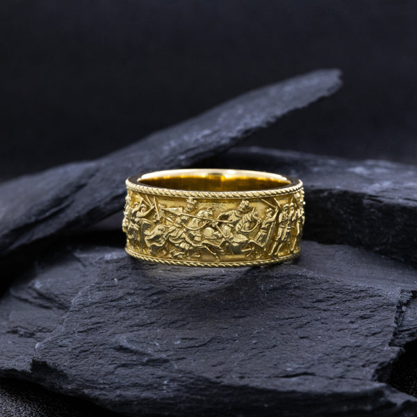 10mm Custom Made, Dome Shaped, Solid Yellow Gold Ring with Medieval Battlefield Depiction