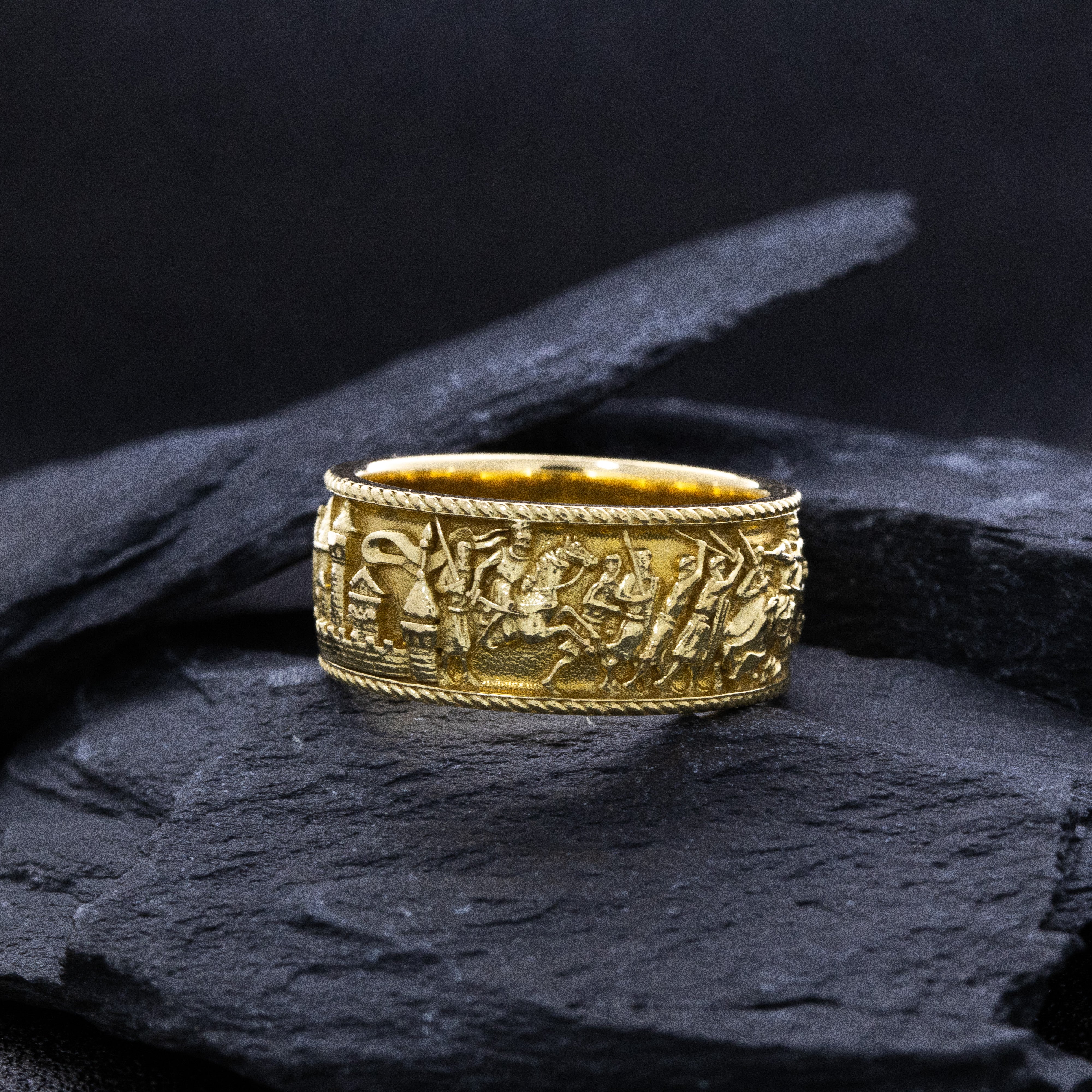 10mm Custom Made, Dome Shaped, Solid Yellow Gold Ring with Medieval Battlefield Depiction