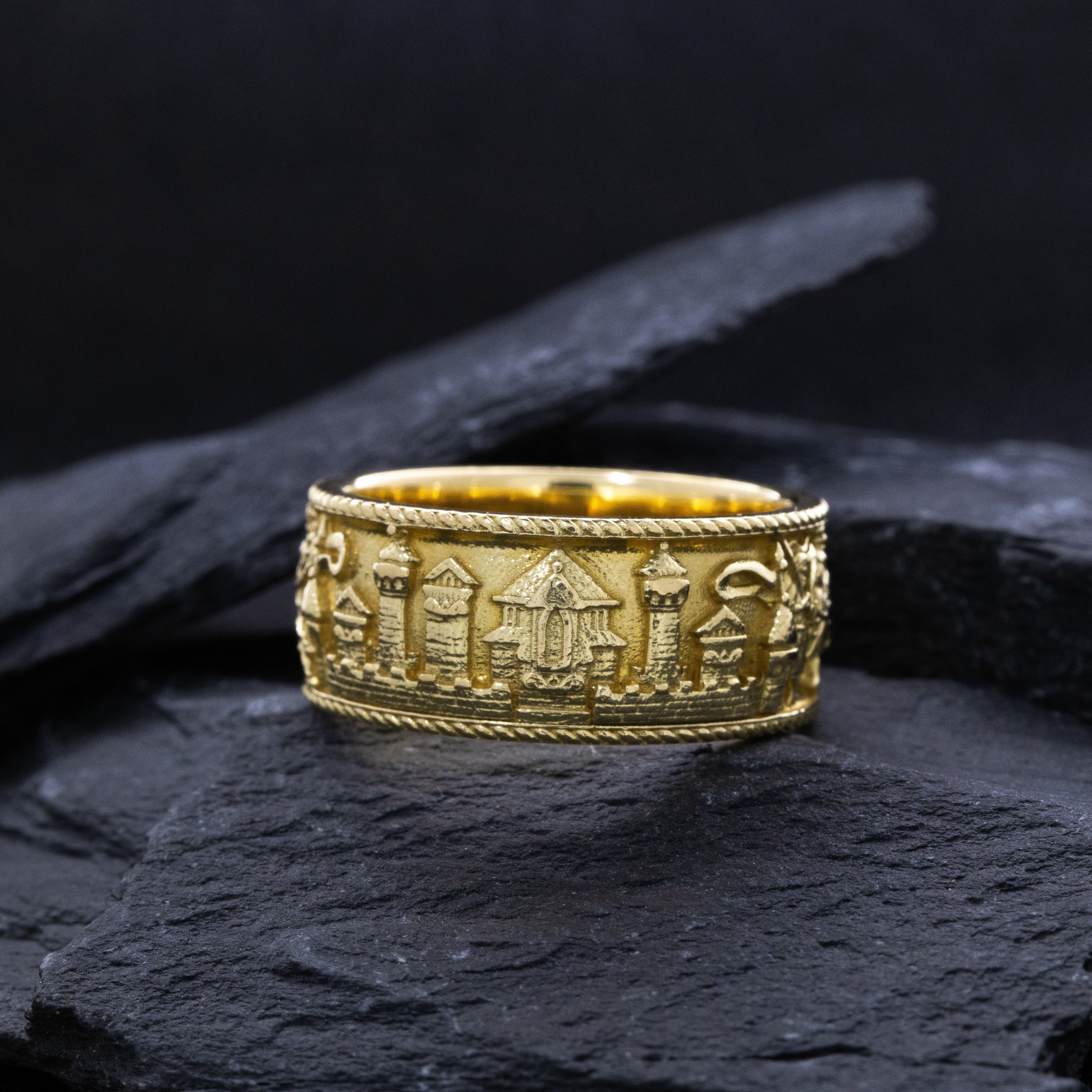 10mm Custom Made, Dome Shaped, Solid Yellow Gold Ring with Medieval Battlefield Depiction