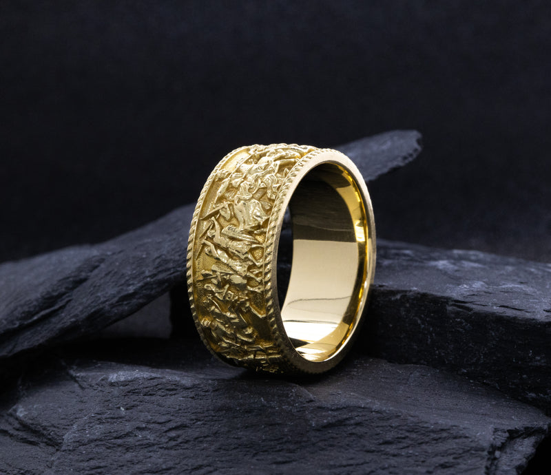 10mm Custom Made, Dome Shaped, Solid Yellow Gold Ring with Medieval Battlefield Depiction