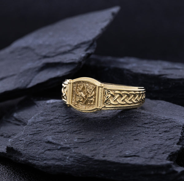 Úlfheðinn Wolf Warrior and Odin with Norse Braids, 14k Solid Yellow Gold Viking Signet Ring