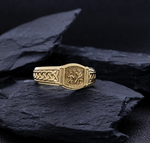 Úlfheðinn Wolf Warrior and Odin with Norse Braids, 14k Solid Yellow Gold Viking Signet Ring