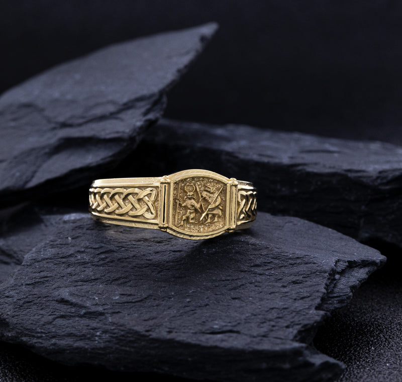 Úlfheðinn Wolf Warrior and Odin with Norse Braids, 14k Solid Yellow Gold Viking Signet Ring