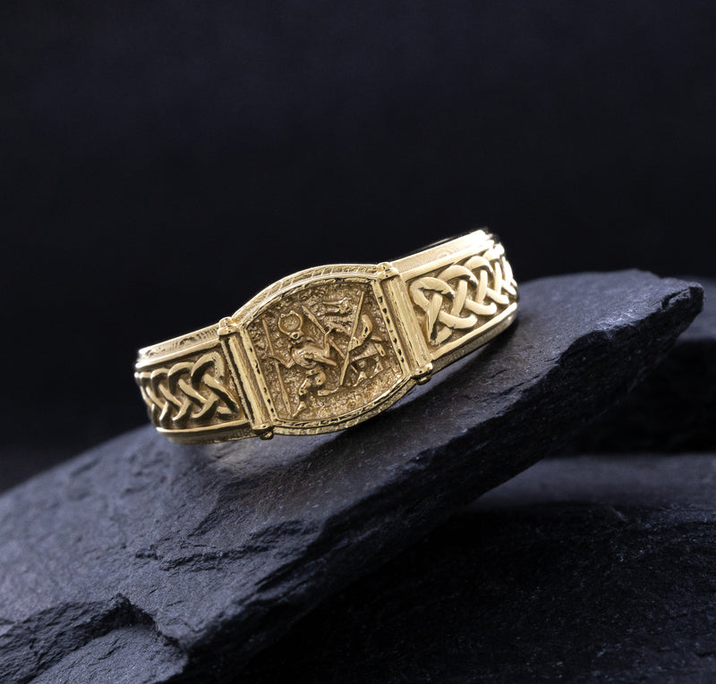 Úlfheðinn Wolf Warrior and Odin with Norse Braids, 14k Solid Yellow Gold Viking Signet Ring