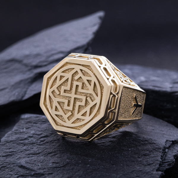 Solid 14k Yellow Gold Signet Ring with Slavic Sun Cross