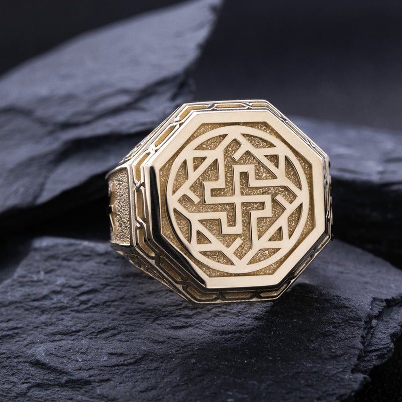 Solid 14k Yellow Gold Signet Ring with Slavic Sun Cross