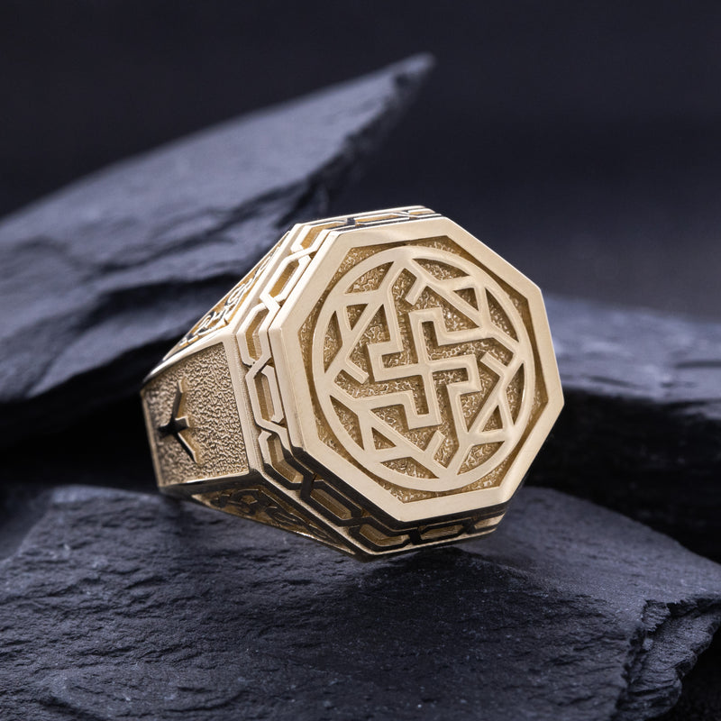 Solid 14k Yellow Gold Signet Ring with Slavic Sun Cross